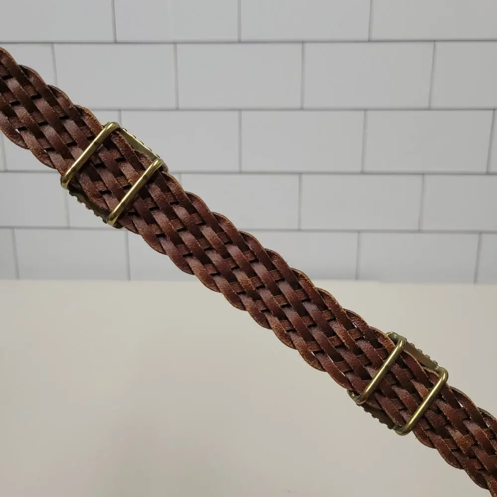 DKNY Brown Braided Leather Belt Gold Tone Buckle Women's Boho Casual Y2K
